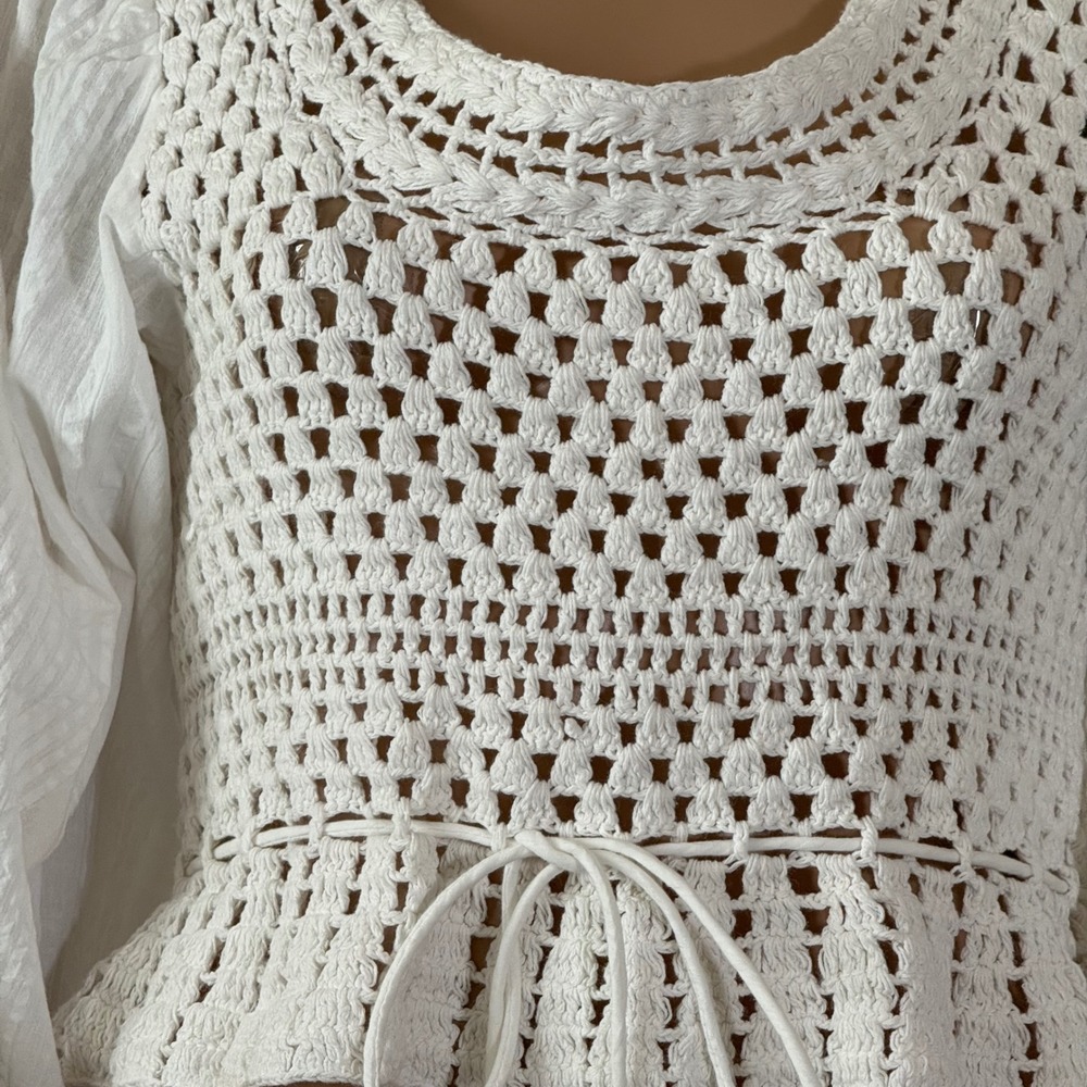 Free People Megan Crochet Knit Top Ivory Long Sleeve Peplum Blouse White Size S - Picture 5 of 14